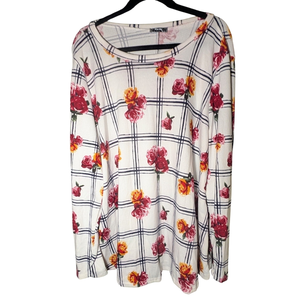 NWOT Story Teller Floral Plaid Patchwork Top 3X Elbow Patches Tunic